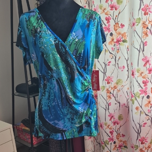 Tango Mango Tops - Tango Mango Vibrant Blue and Green Wrap Blouse (C61)